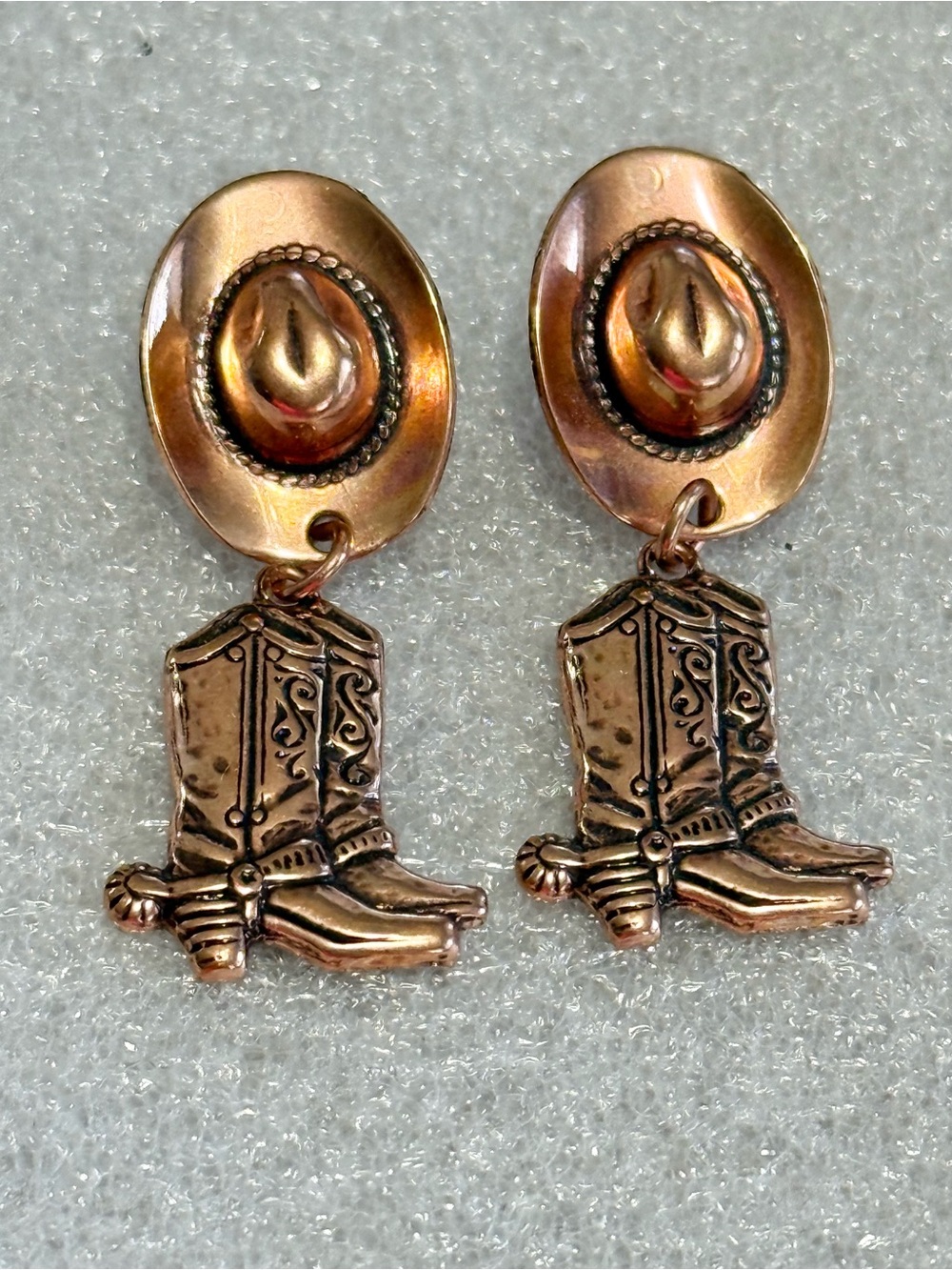 Dangle Earrings — Cowboy Hat and Boots — feel like Copper - Beautiful Detail